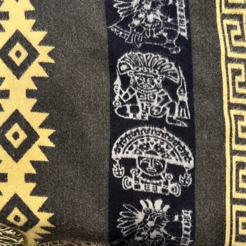 Unisex Andean Aztec Alpaca Blend Hooded Charcoal Multi Fringed Poncho Size OS